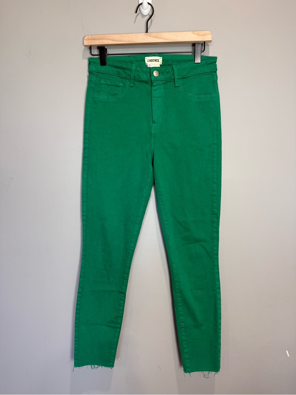 L’AGENCE Margot High Rise Skinny Jeans Emerald Green Raw Hem 29